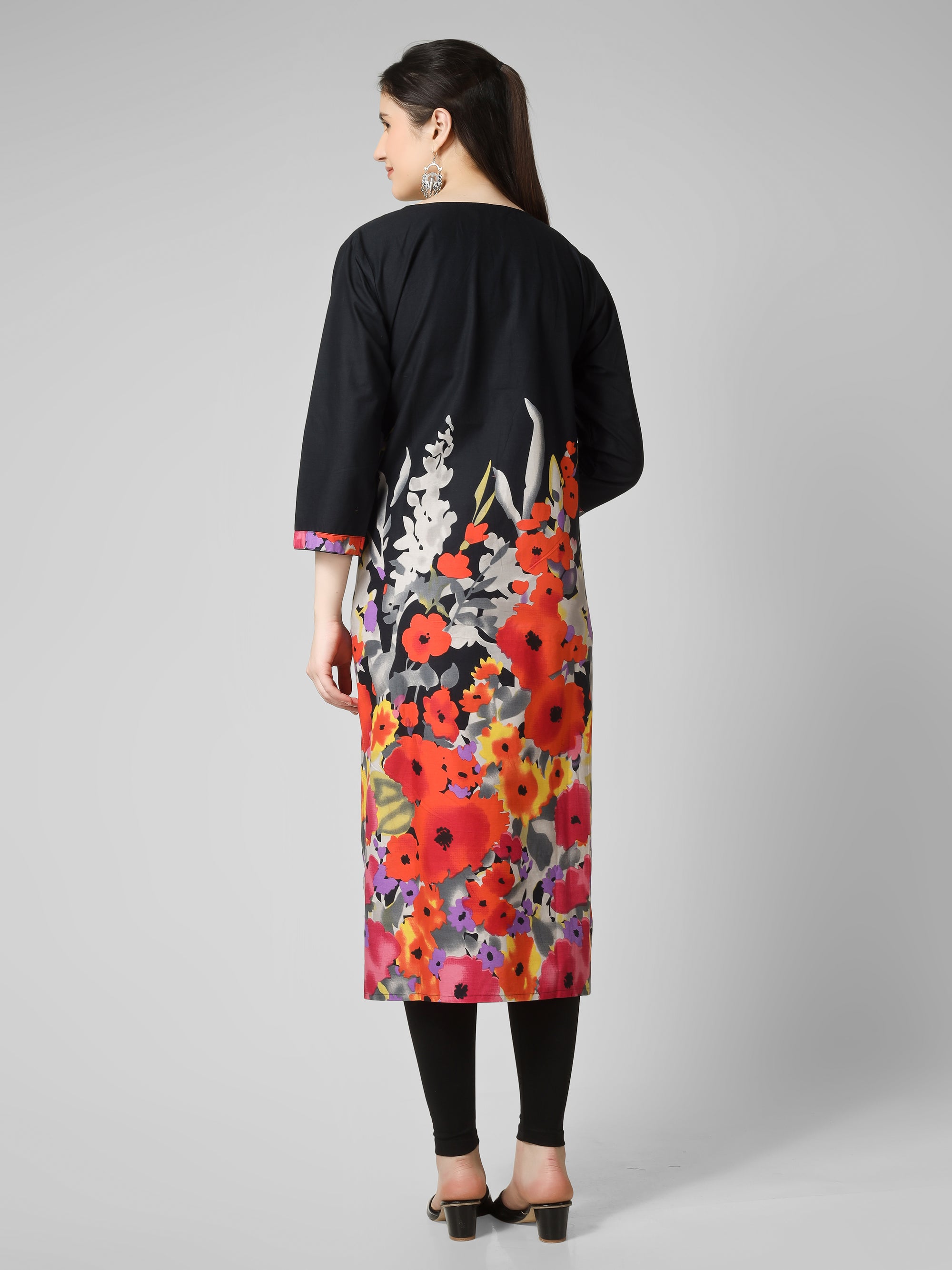 Midnight Bloom: Black Cotton Kurti with Vibrant Floral Hem and Potli Button Detail