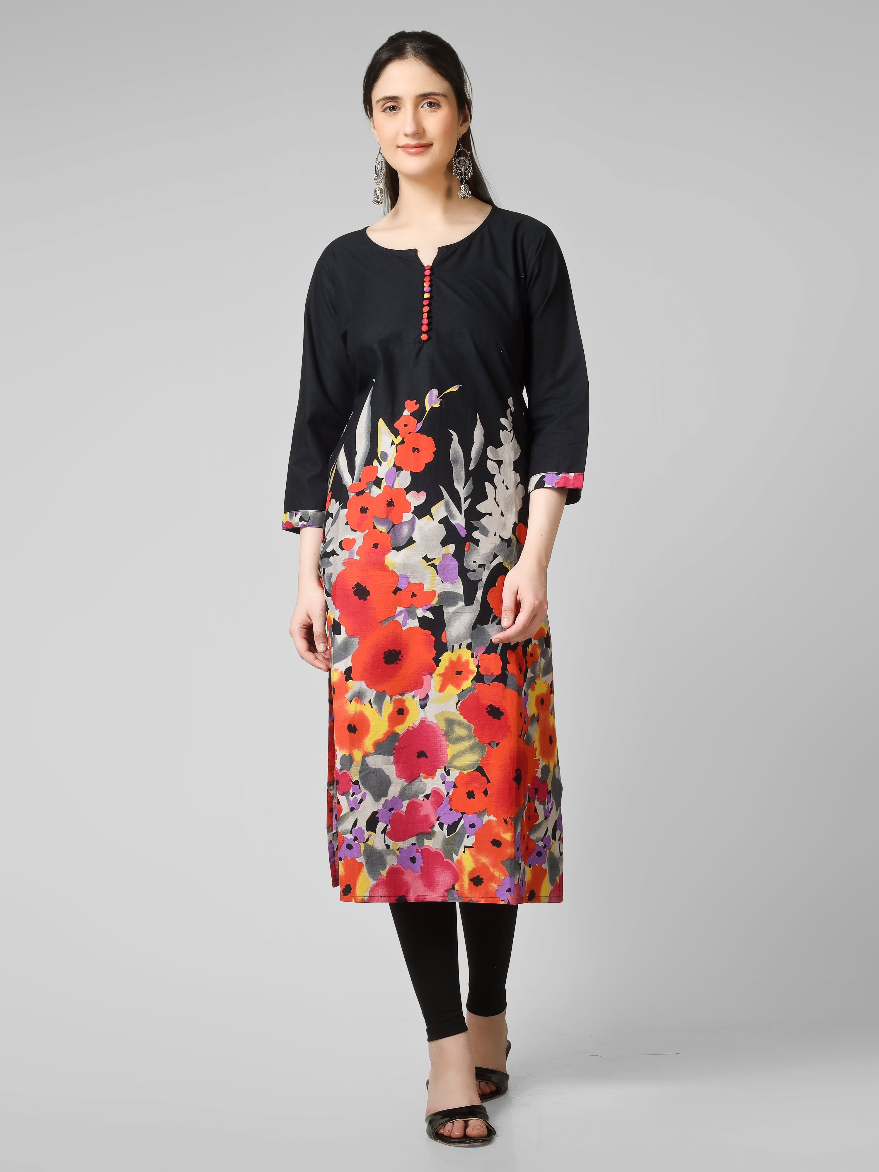 Midnight Bloom: Black Cotton Kurti with Vibrant Floral Hem and Potli Button Detail