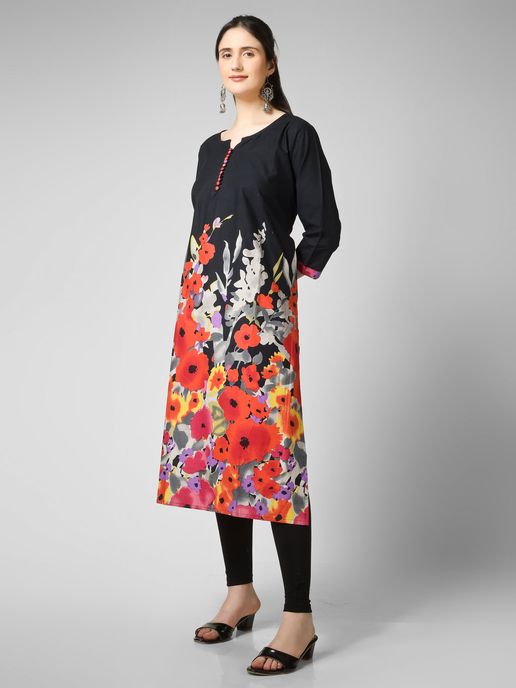 Midnight Bloom: Black Cotton Kurti with Vibrant Floral Hem and Potli Button Detail