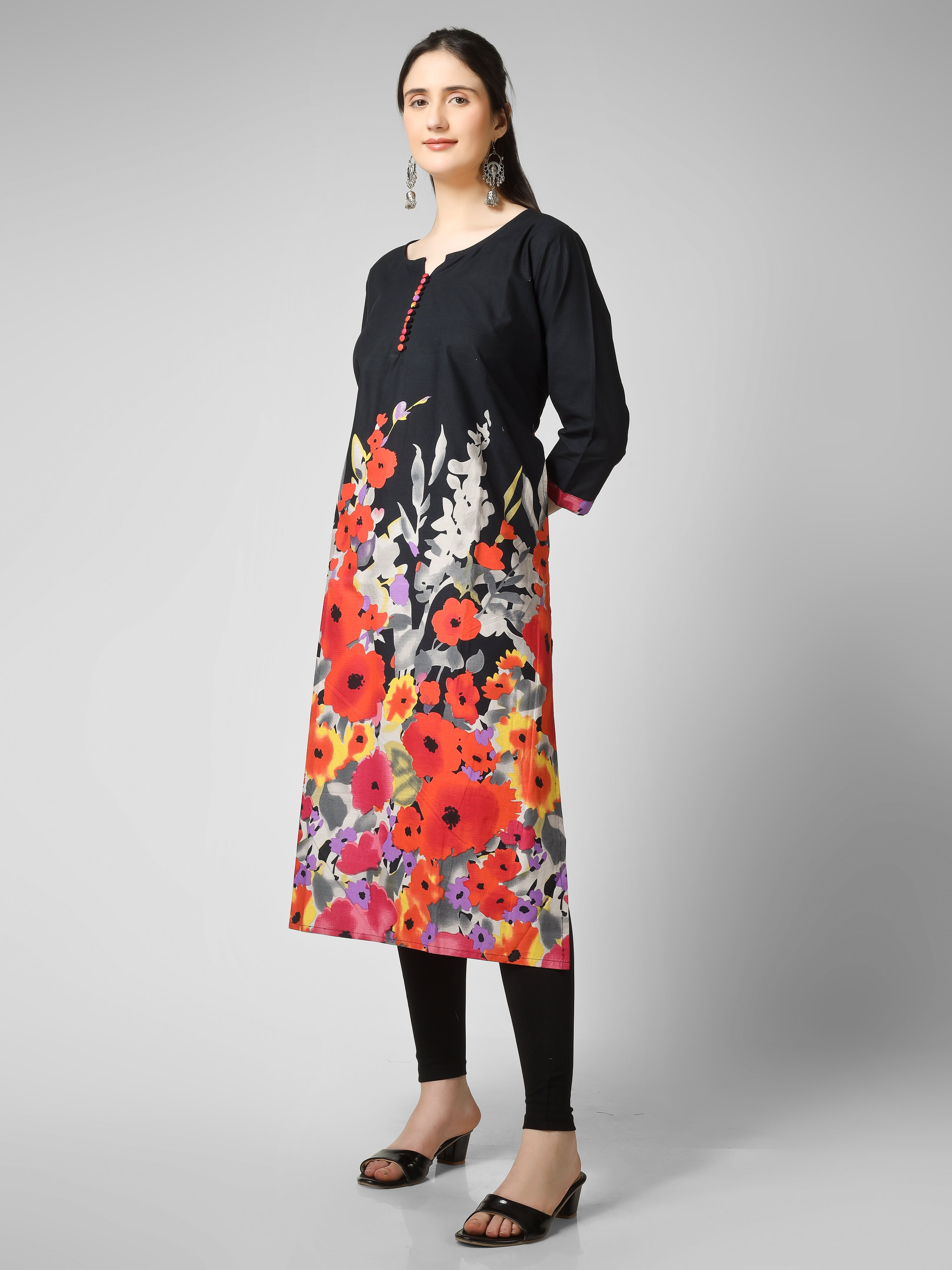Midnight Bloom: Black Cotton Kurti with Vibrant Floral Hem and Potli Button Detail