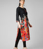 Midnight Bloom: Black Cotton Kurti with Vibrant Floral Hem and Potli Button Detail