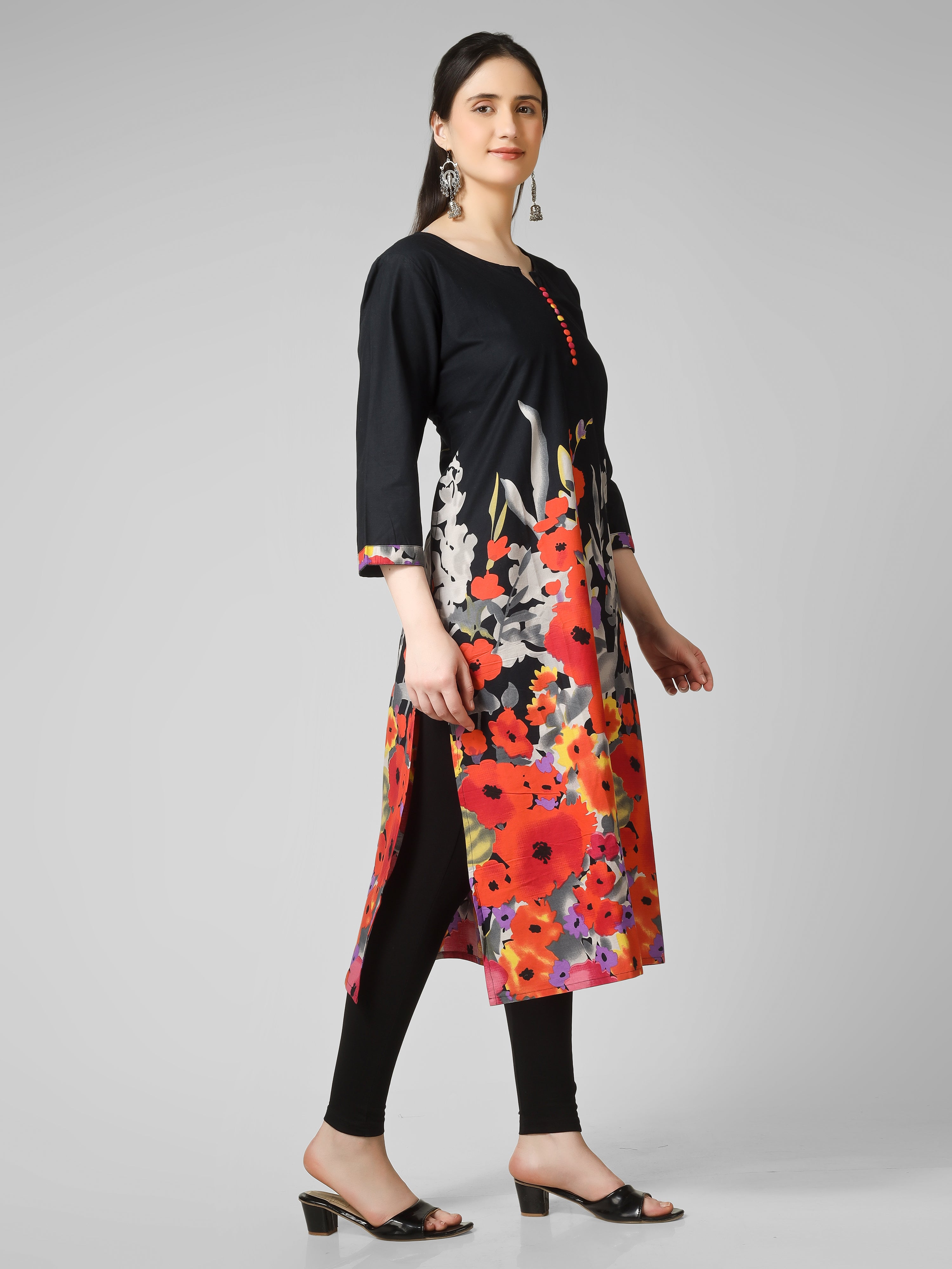 Midnight Bloom: Black Cotton Kurti with Vibrant Floral Hem and Potli Button Detail
