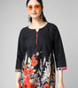 Midnight Bloom: Black Cotton Kurti with Vibrant Floral Hem and Potli Button Detail