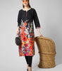 Midnight Bloom: Black Cotton Kurti with Vibrant Floral Hem and Potli Button Detail