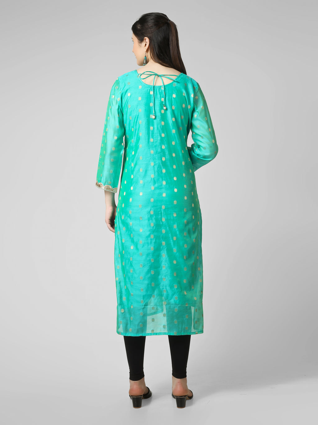Azure Elegance: Turquoise Chanderi Silk Kurti with Golden Zari Butti & Scalloped  Borders