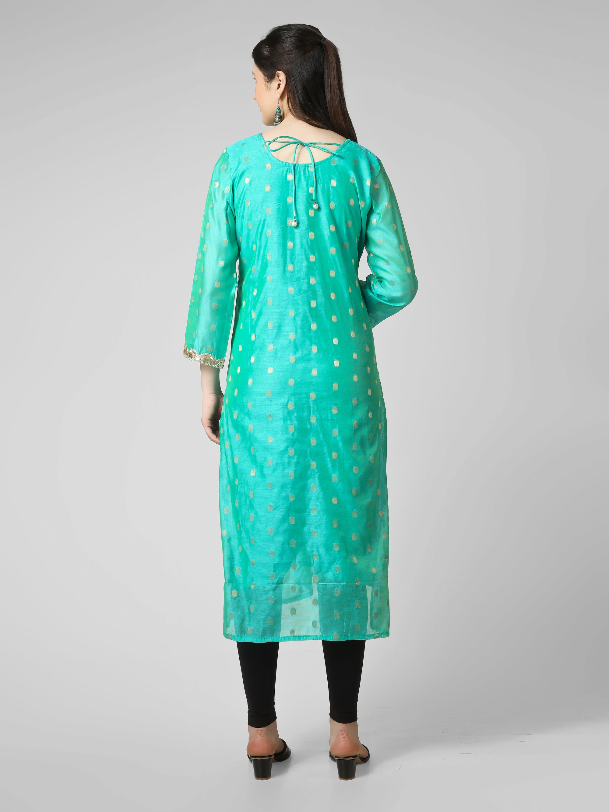 Azure Elegance: Turquoise Chanderi Silk Kurti with Golden Zari Butti & Scalloped  Borders
