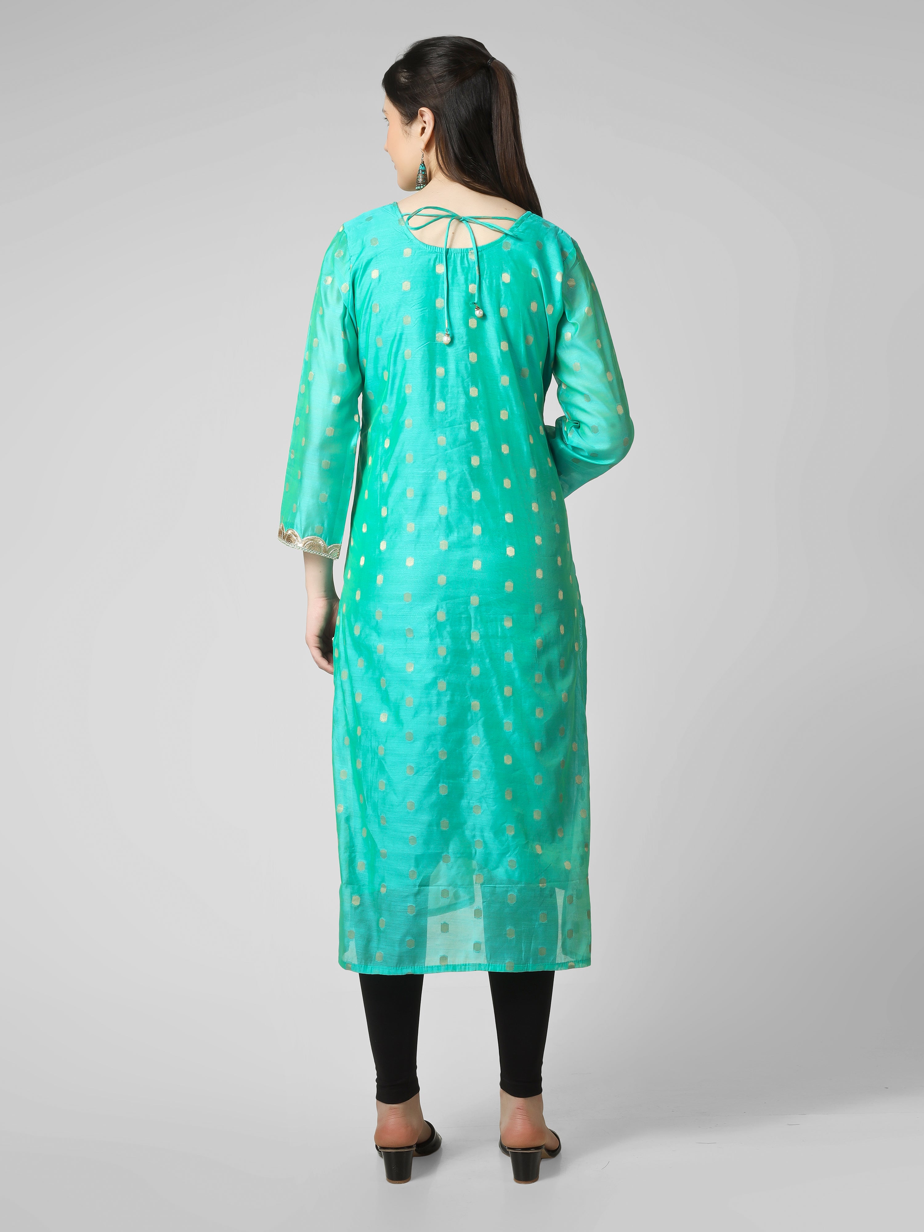 Azure Elegance: Turquoise Chanderi Silk Kurti with Golden Zari Butti & Scalloped  Borders