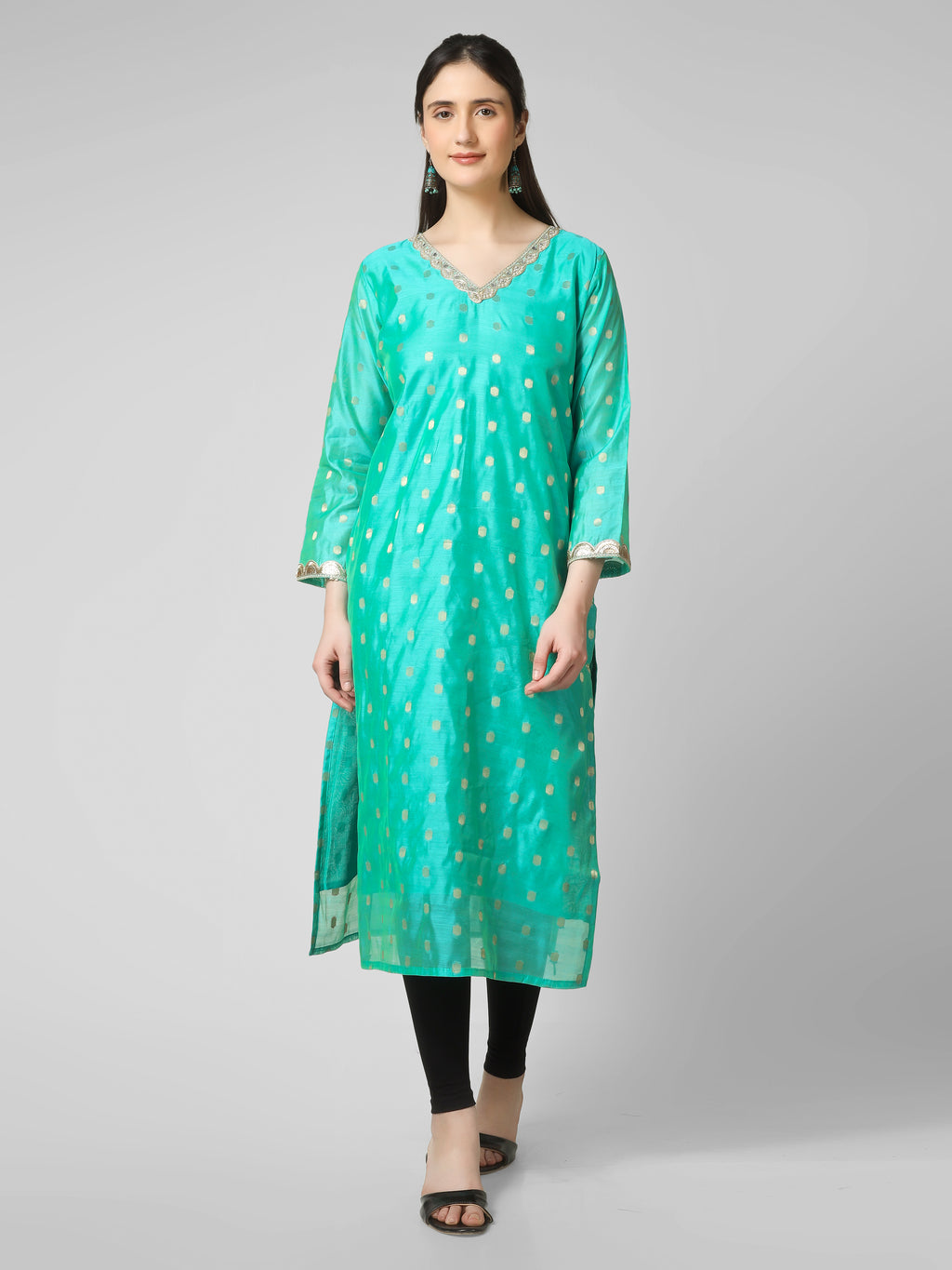 Azure Elegance: Turquoise Chanderi Silk Kurti with Golden Zari Butti & Scalloped  Borders