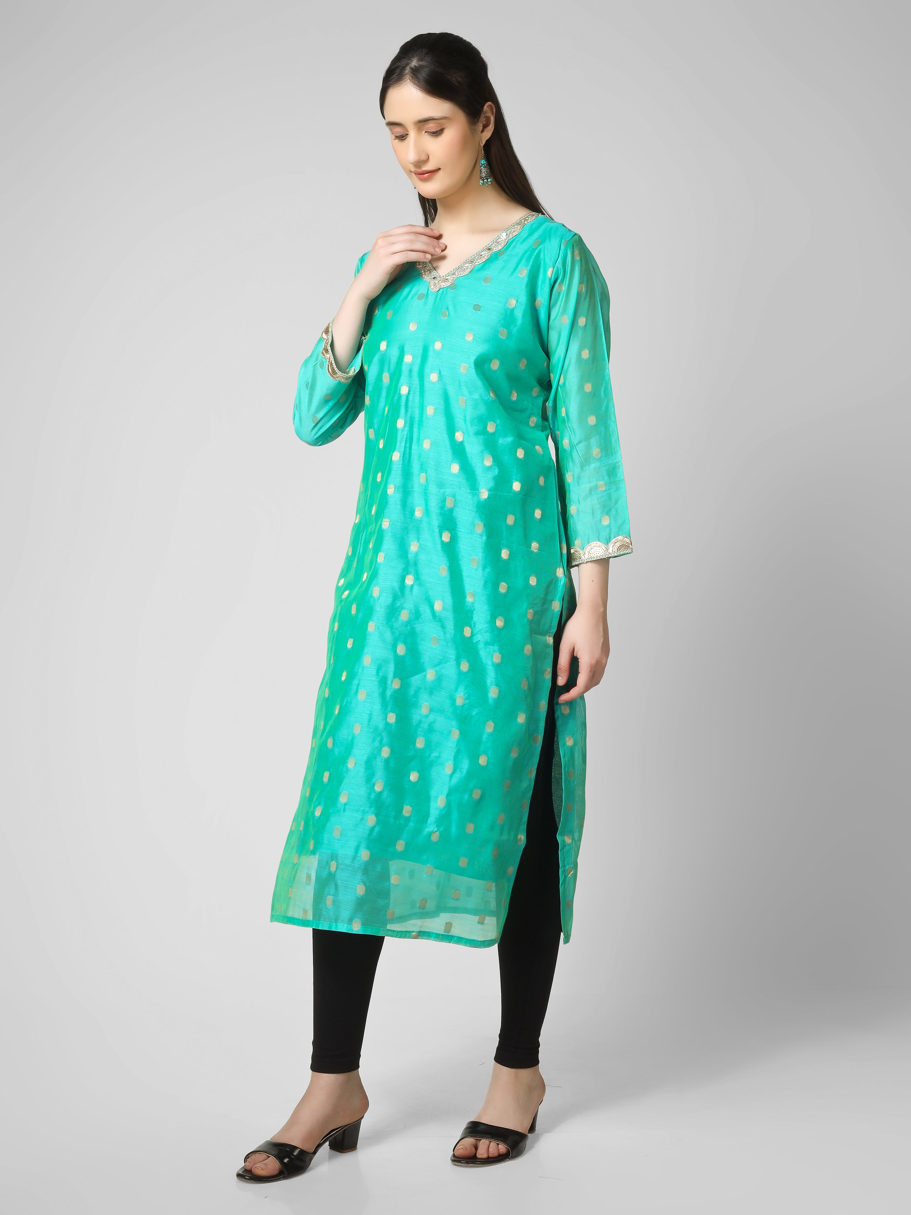 Azure Elegance: Turquoise Chanderi Silk Kurti with Golden Zari Butti & Scalloped  Borders