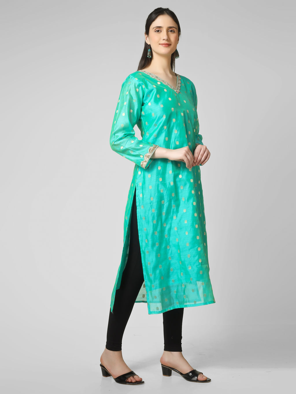 Azure Elegance: Turquoise Chanderi Silk Kurti with Golden Zari Butti & Scalloped  Borders