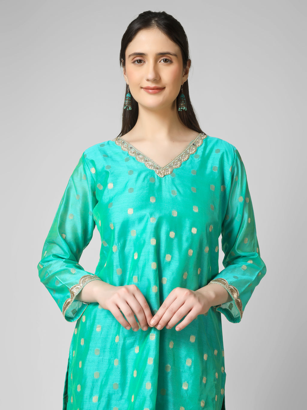 Azure Elegance: Turquoise Chanderi Silk Kurti with Golden Zari Butti & Scalloped  Borders