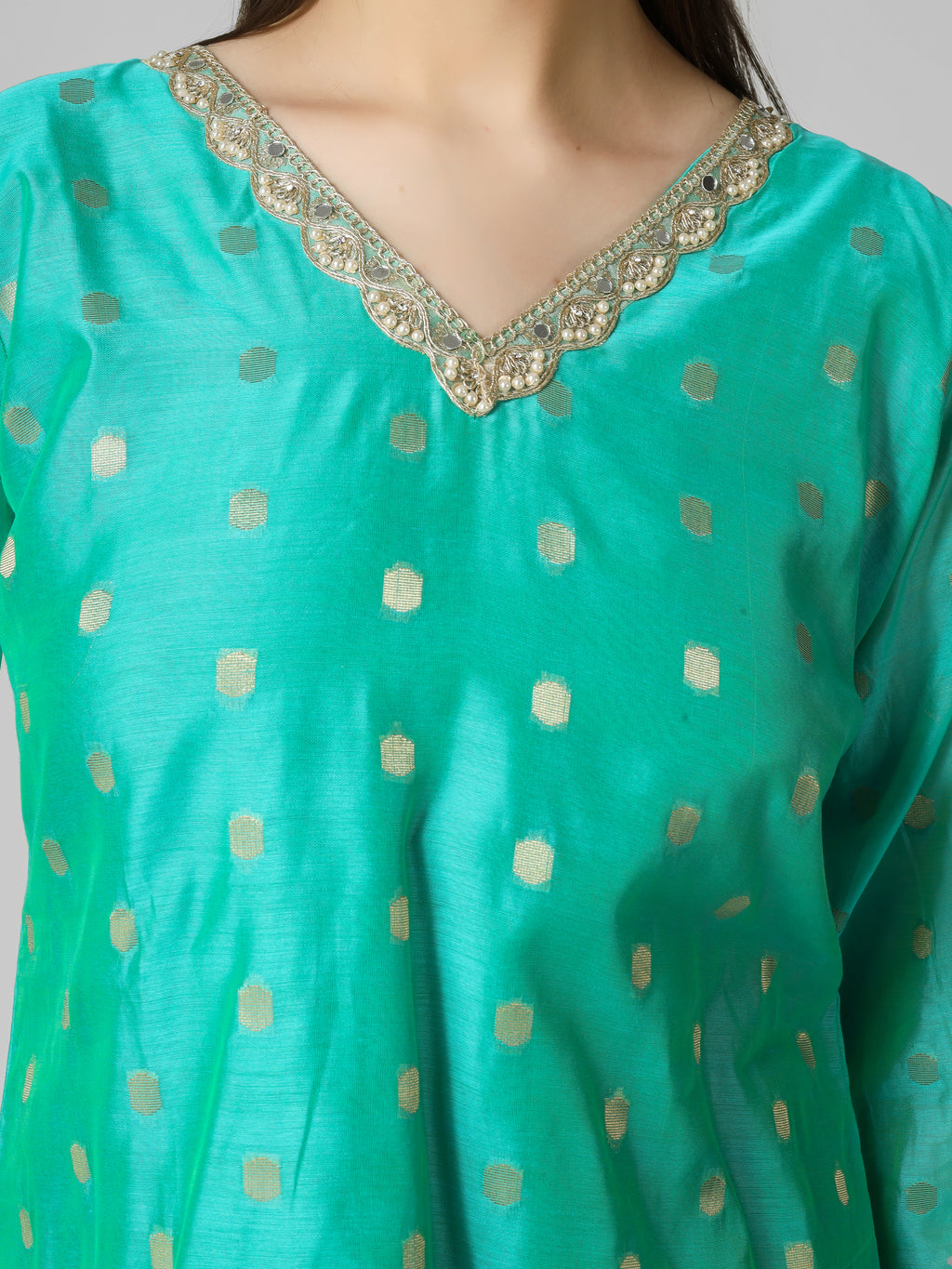 Azure Elegance: Turquoise Chanderi Silk Kurti with Golden Zari Butti & Scalloped  Borders