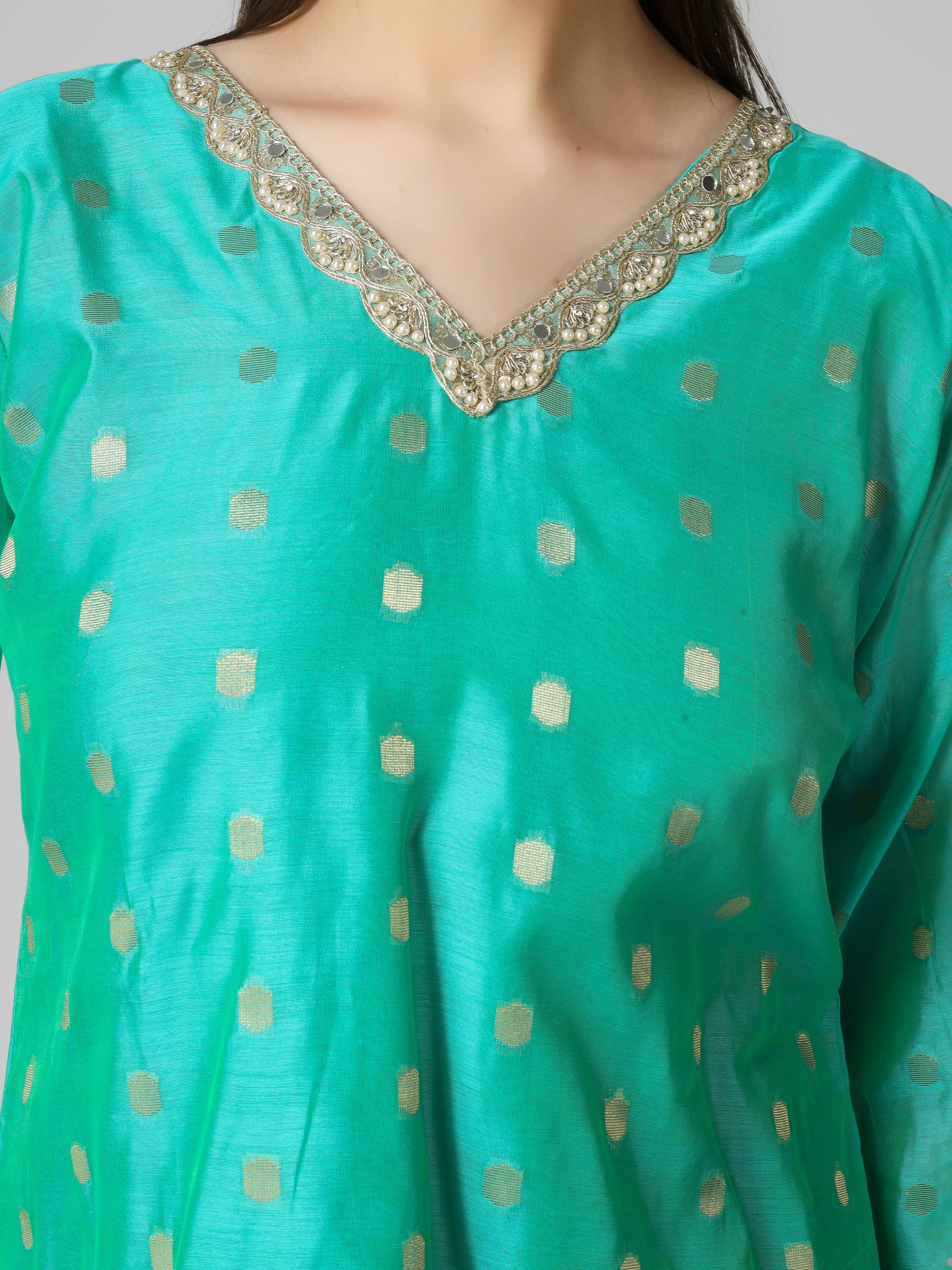 Azure Elegance: Turquoise Chanderi Silk Kurti with Golden Zari Butti & Scalloped  Borders