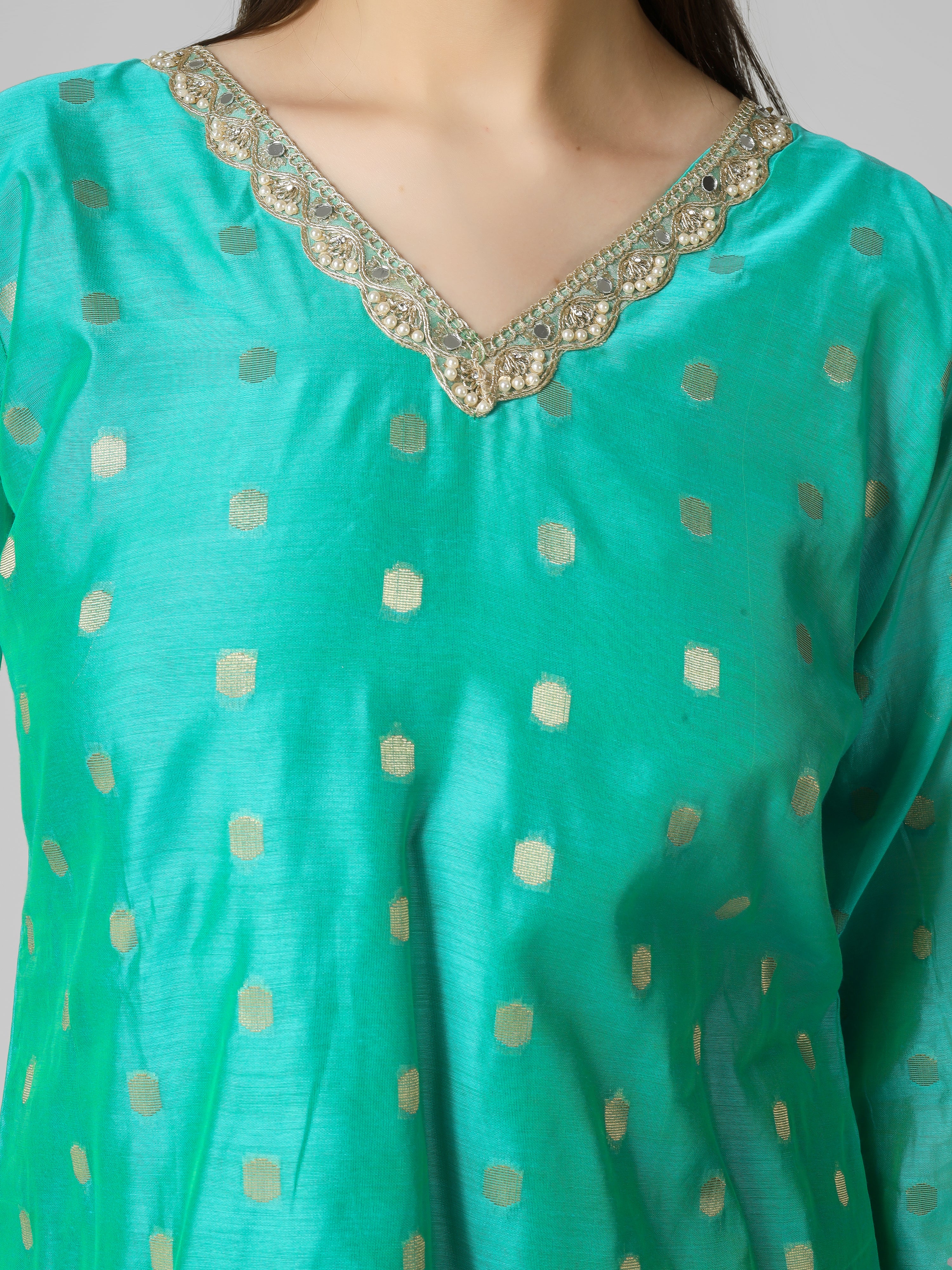 Azure Elegance: Turquoise Chanderi Silk Kurti with Golden Zari Butti & Scalloped  Borders