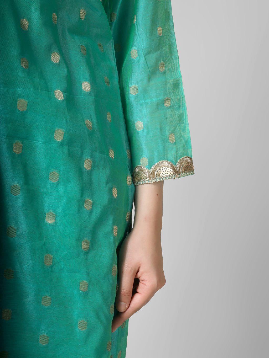 Azure Elegance: Turquoise Chanderi Silk Kurti with Golden Zari Butti & Scalloped  Borders