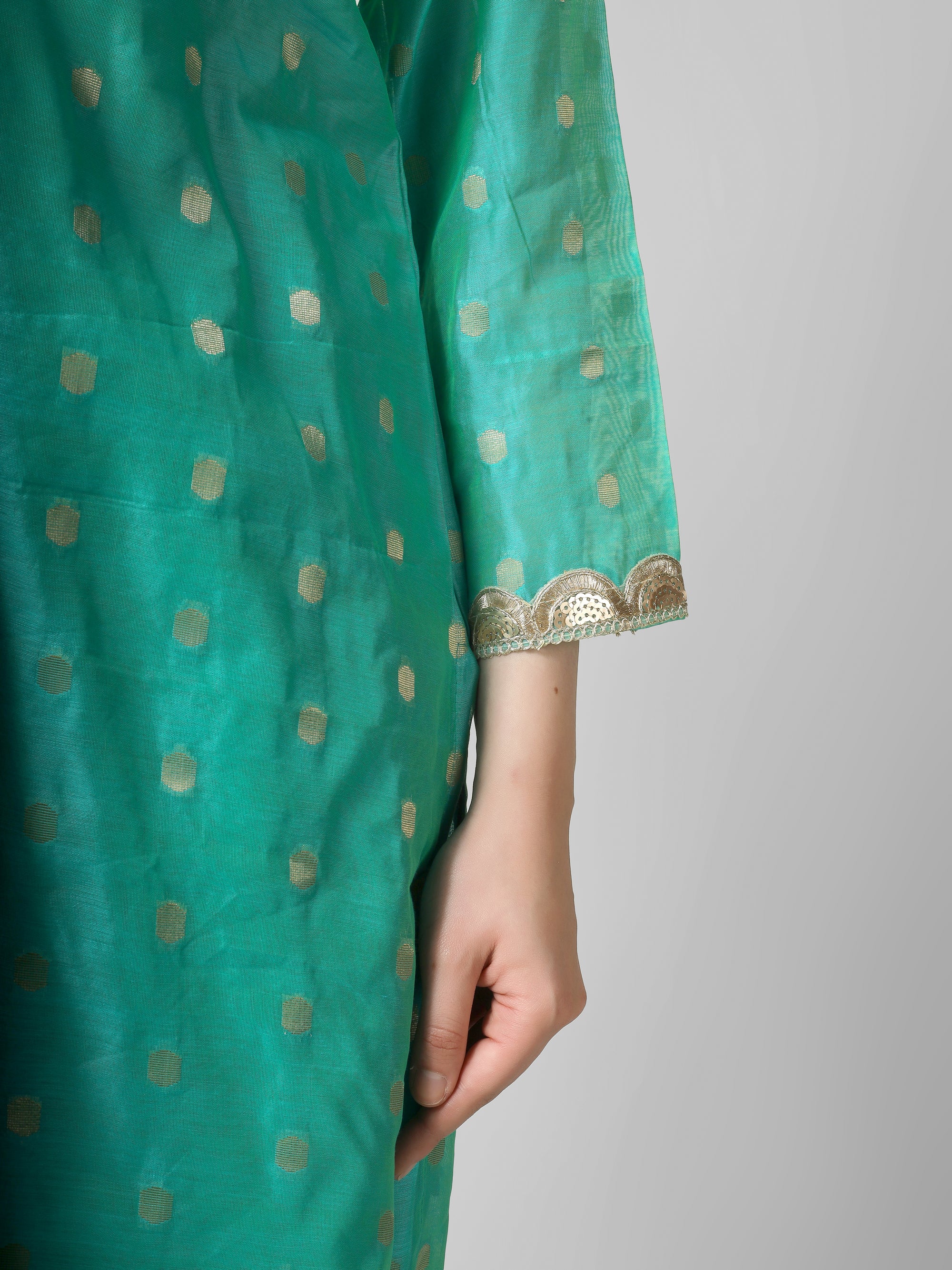 Azure Elegance: Turquoise Chanderi Silk Kurti with Golden Zari Butti & Scalloped  Borders