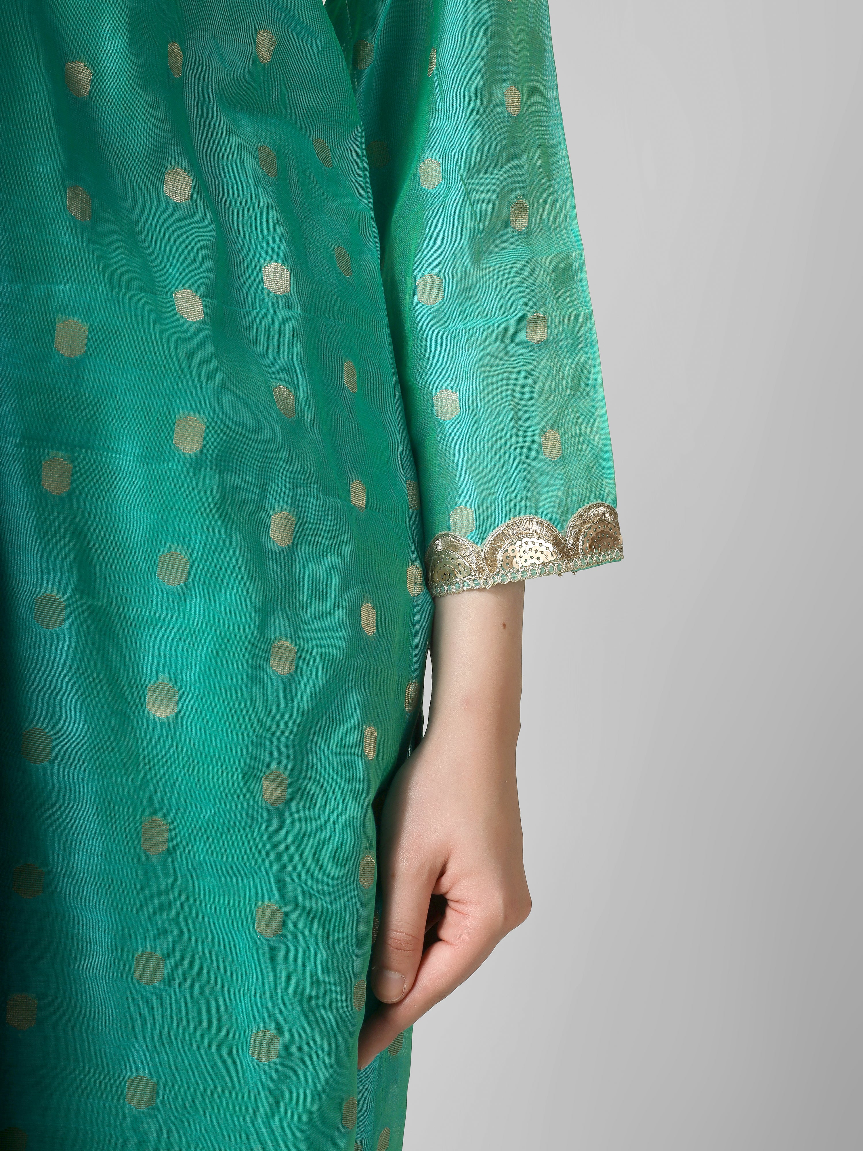 Azure Elegance: Turquoise Chanderi Silk Kurti with Golden Zari Butti & Scalloped  Borders