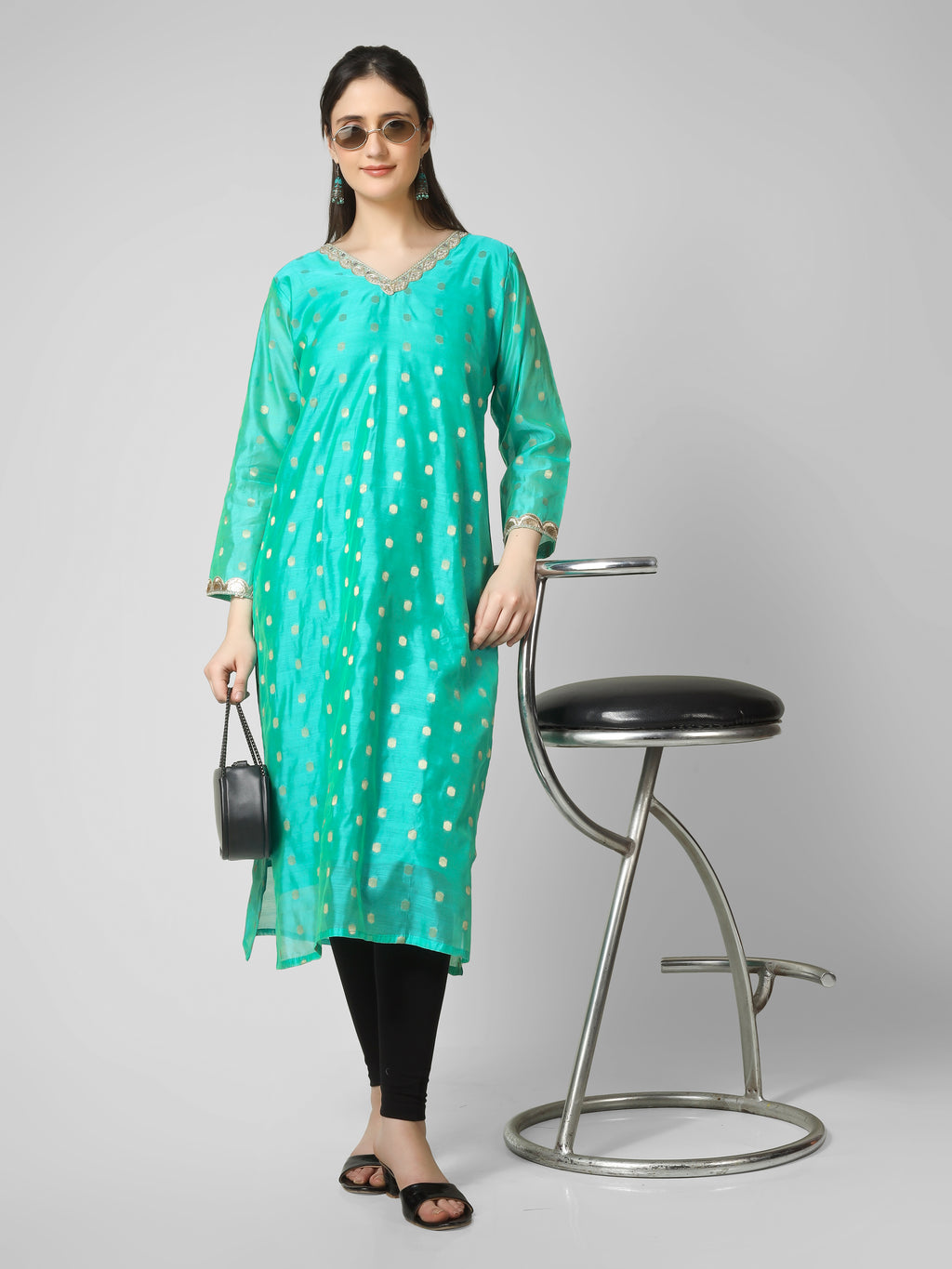 Azure Elegance: Turquoise Chanderi Silk Kurti with Golden Zari Butti & Scalloped  Borders