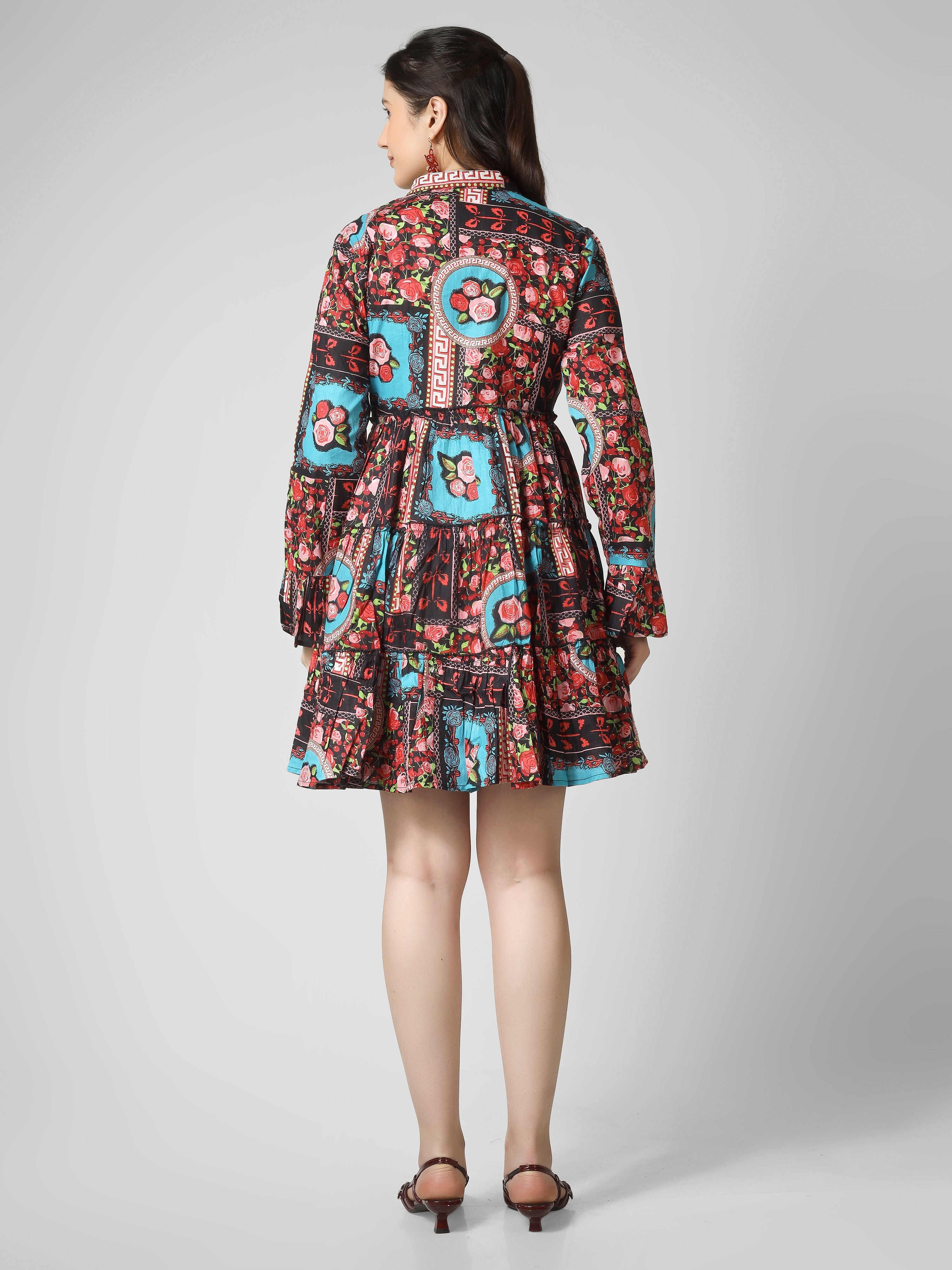 Boho-Chic Fusion: Multi-Printed Tiered Mini Dress with Bell Sleeves