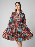 Boho-Chic Fusion: Multi-Printed Tiered Mini Dress with Bell Sleeves