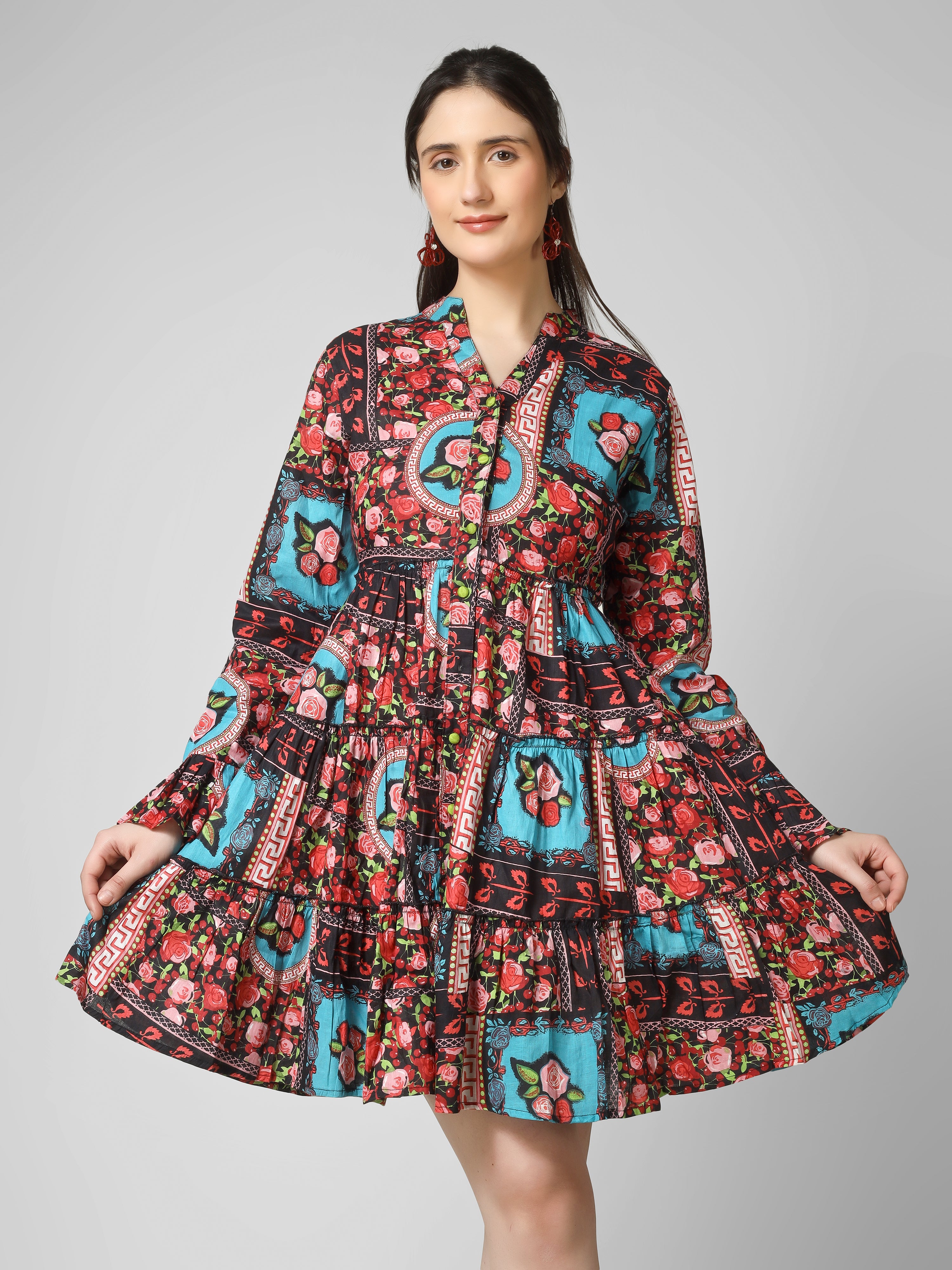 Boho-Chic Fusion: Multi-Printed Tiered Mini Dress with Bell Sleeves