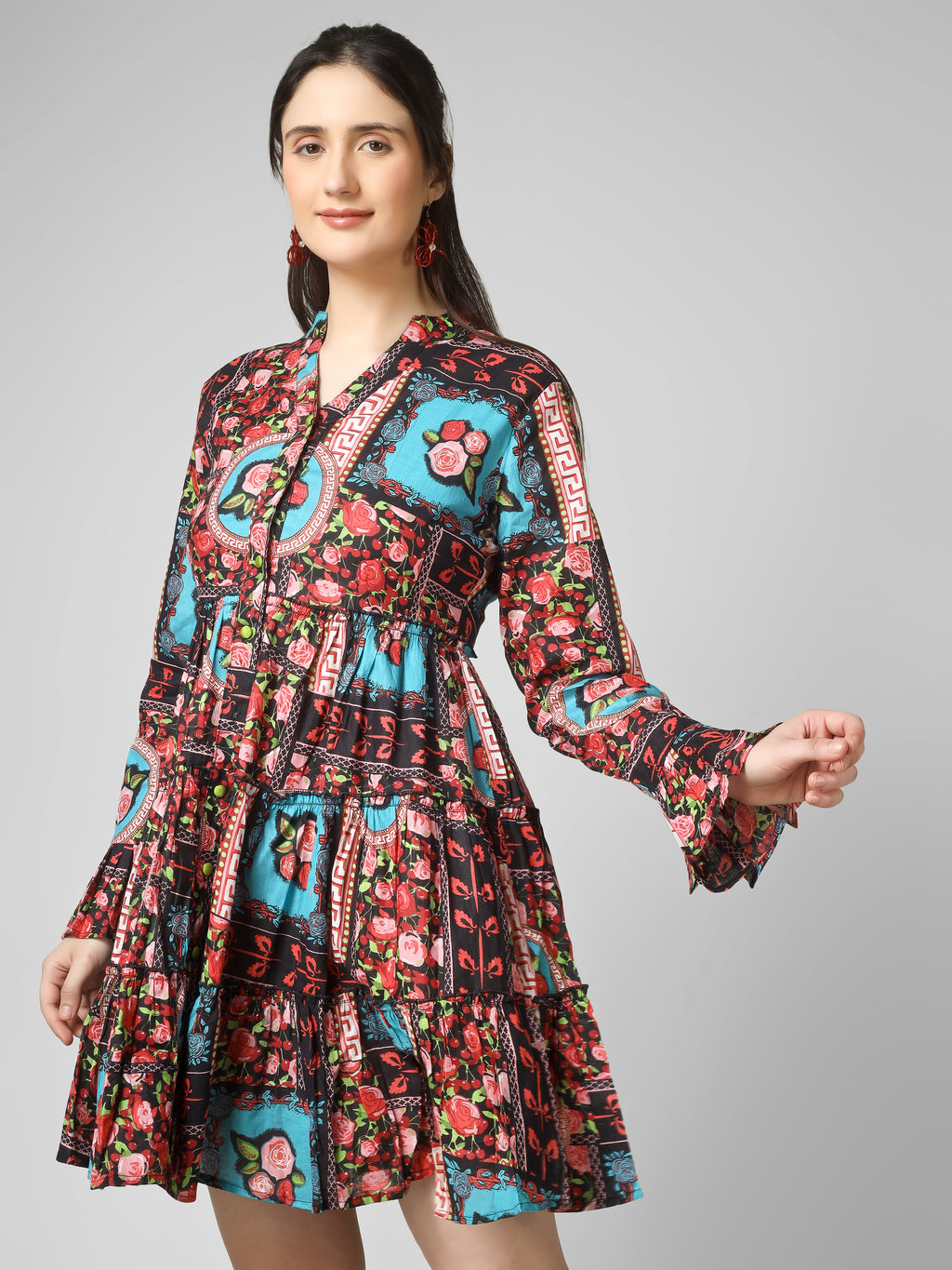 Boho-Chic Fusion: Multi-Printed Tiered Mini Dress with Bell Sleeves