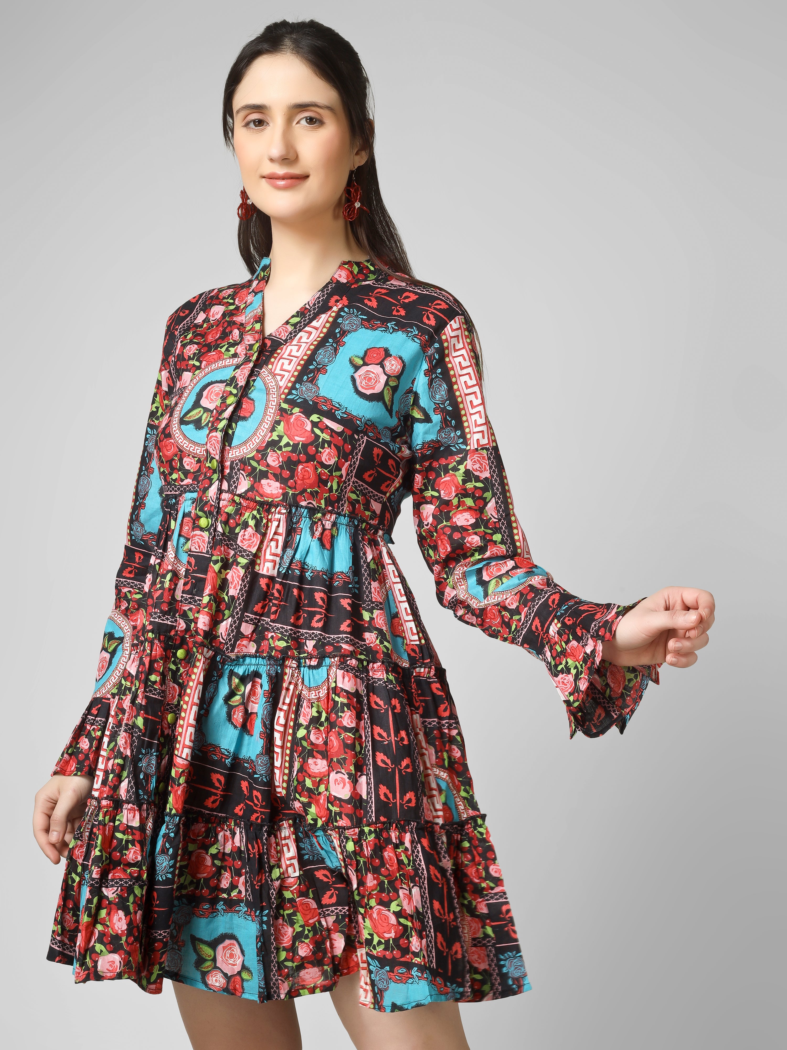 Boho-Chic Fusion: Multi-Printed Tiered Mini Dress with Bell Sleeves
