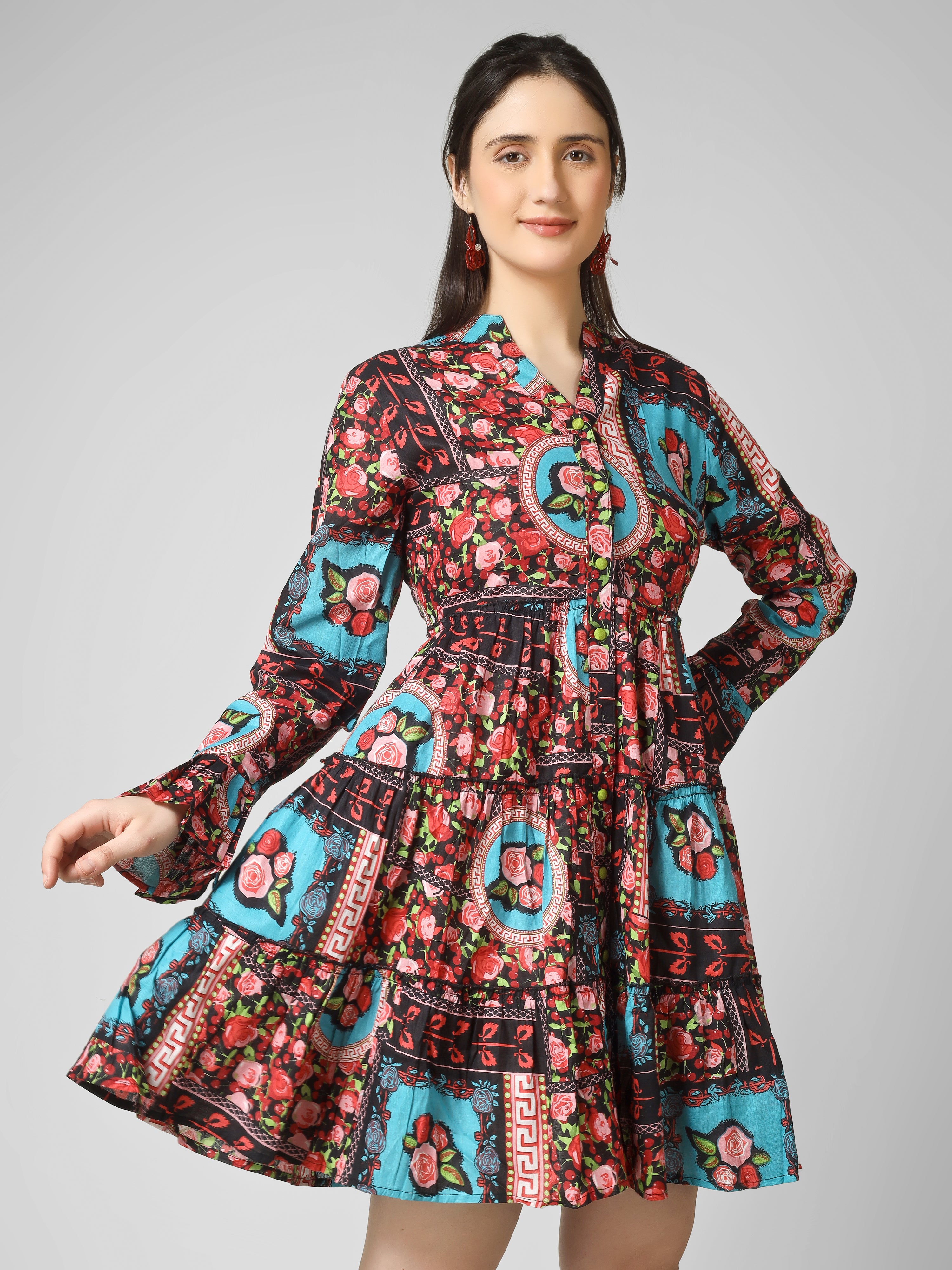 Boho-Chic Fusion: Multi-Printed Tiered Mini Dress with Bell Sleeves