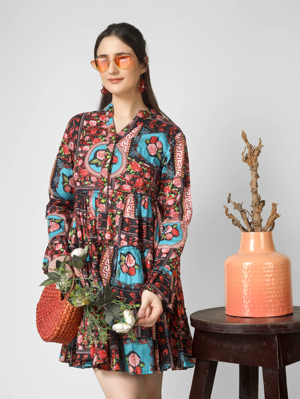 Boho-Chic Fusion: Multi-Printed Tiered Mini Dress with Bell Sleeves