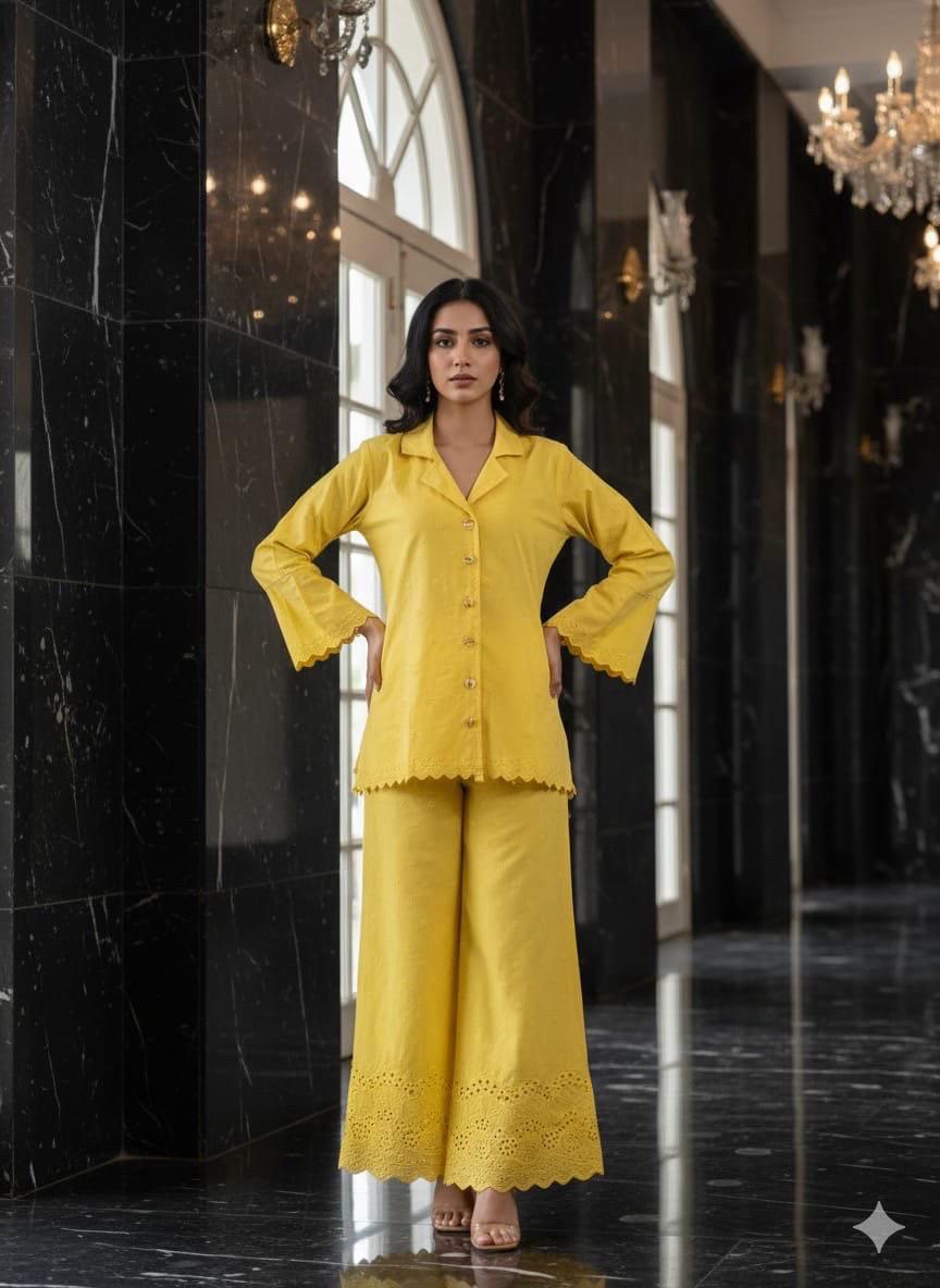 Lemon Sorbet: Schiffli Embroidered Cotton Co-ord Set with Scalloped Cut-work