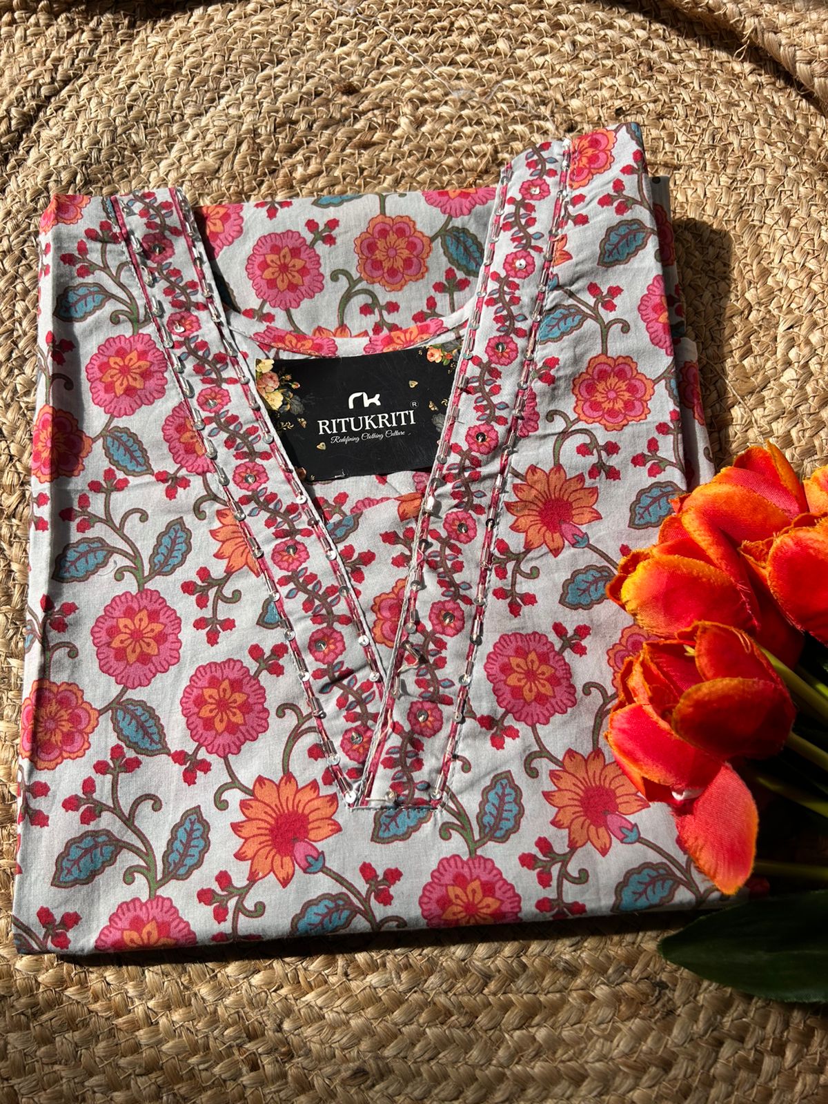 Embellished V neck LONG KURTI